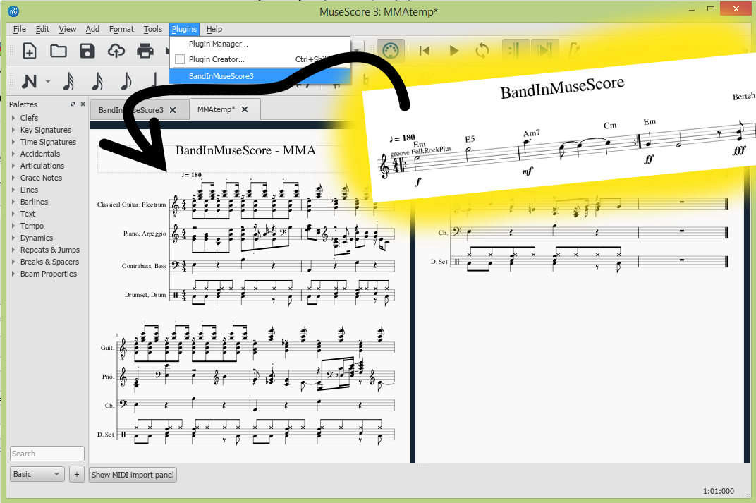 Illustration: One click accompaniment generation from Chords in MuseScore3